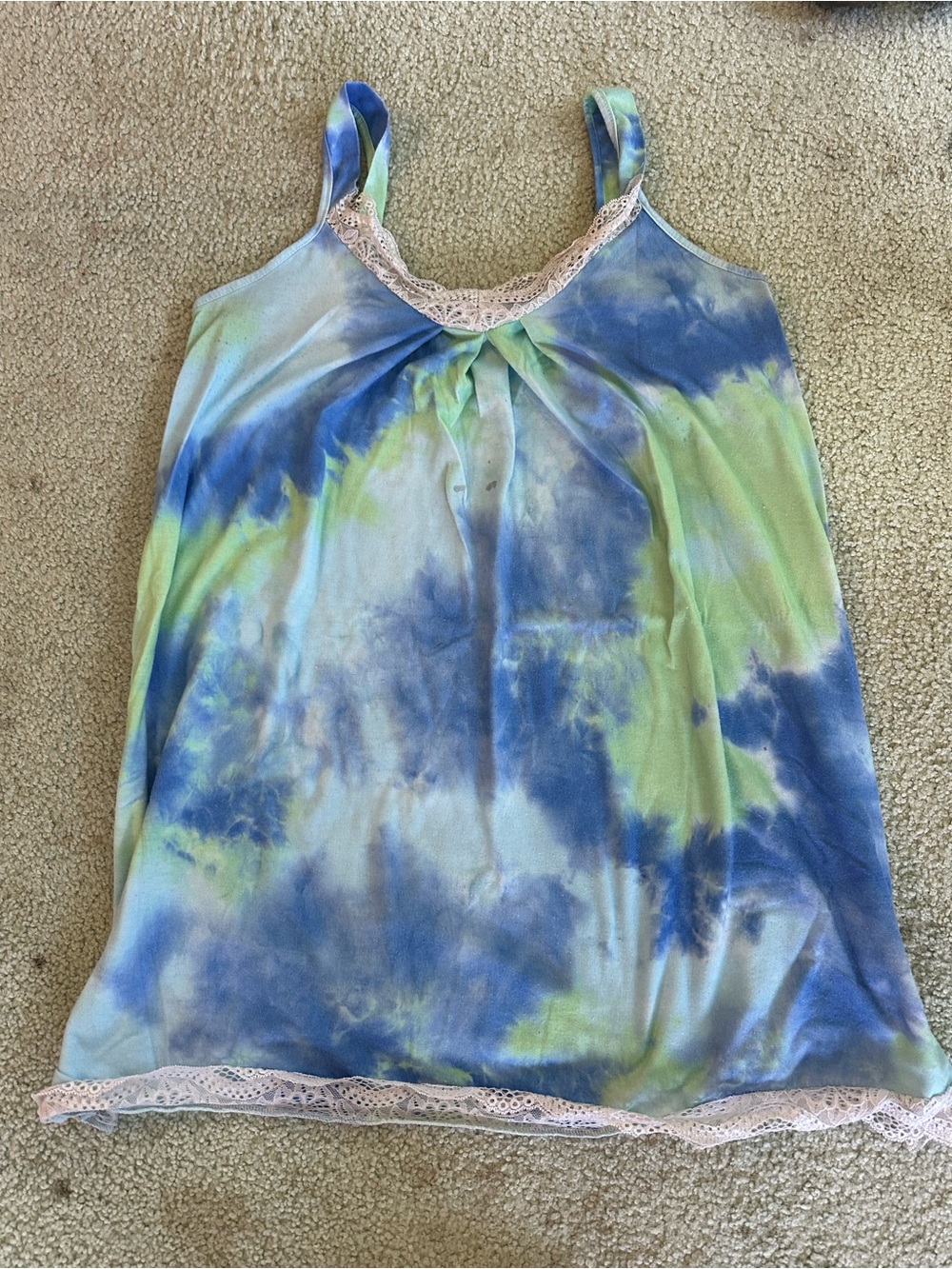 Tie-Dye Blue & Green Lace Trim Sleep Tank Top